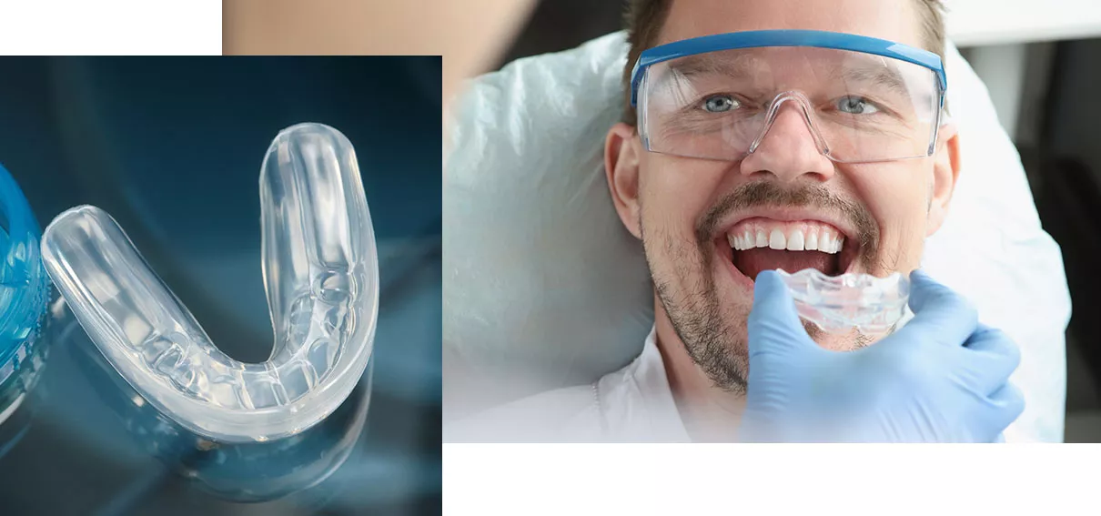 Man putting in mouth guard. Inset of a closeup of mouth guard.